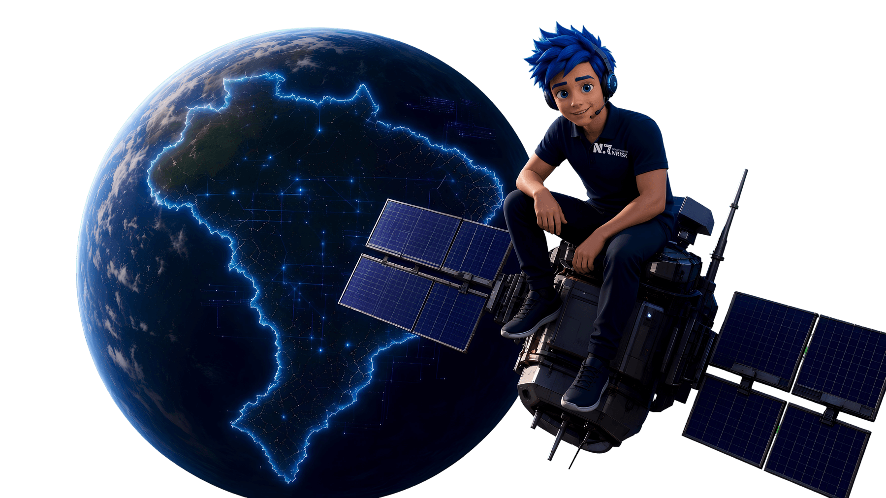 Argus, mascote da N.RISK, monitorando o Brasil a partir de um satélite